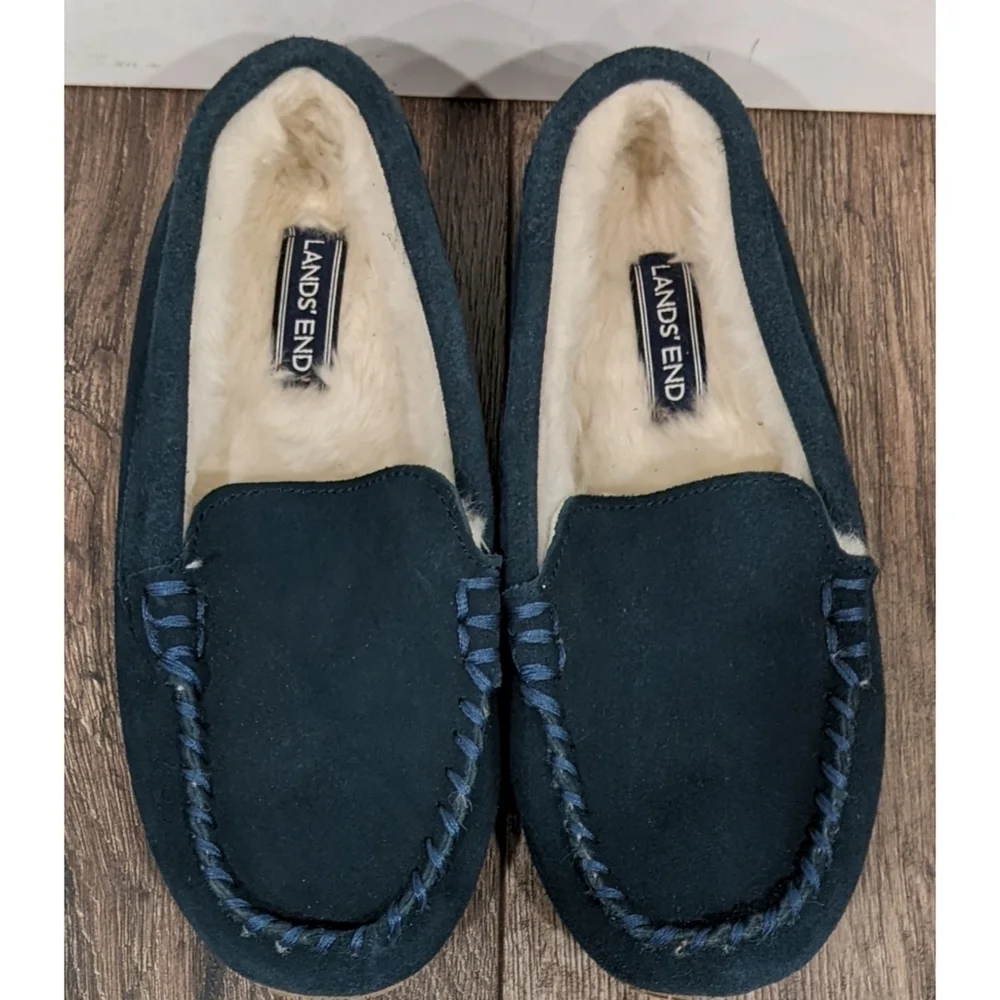 Lands' End Blue Suede Faux Fur Lined Slippers